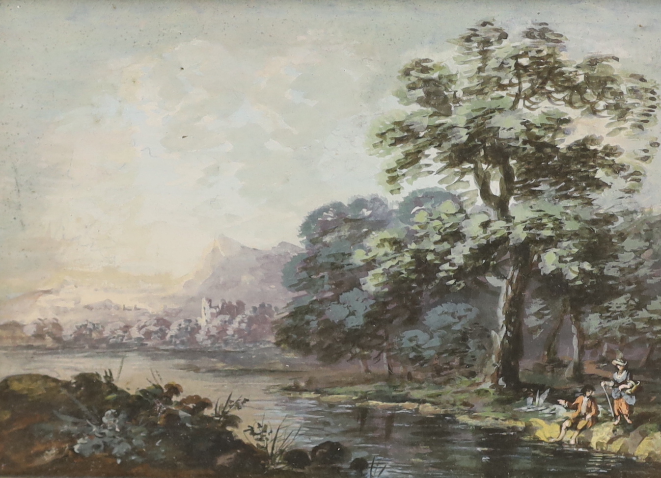 19th century School, pair of gouaches, Anglers beside a river and horse & cart on a pathway, each with ink inscriptions verso, 9.5 x 14cm, housed in ebonised frames